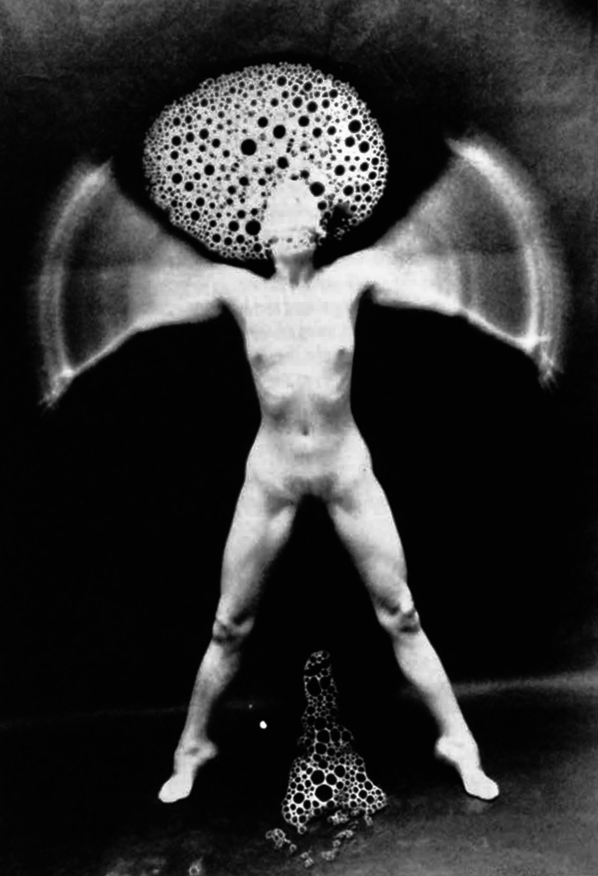 a surreal-style photograph of a naked female body in the pose of
          the Vitruvian man