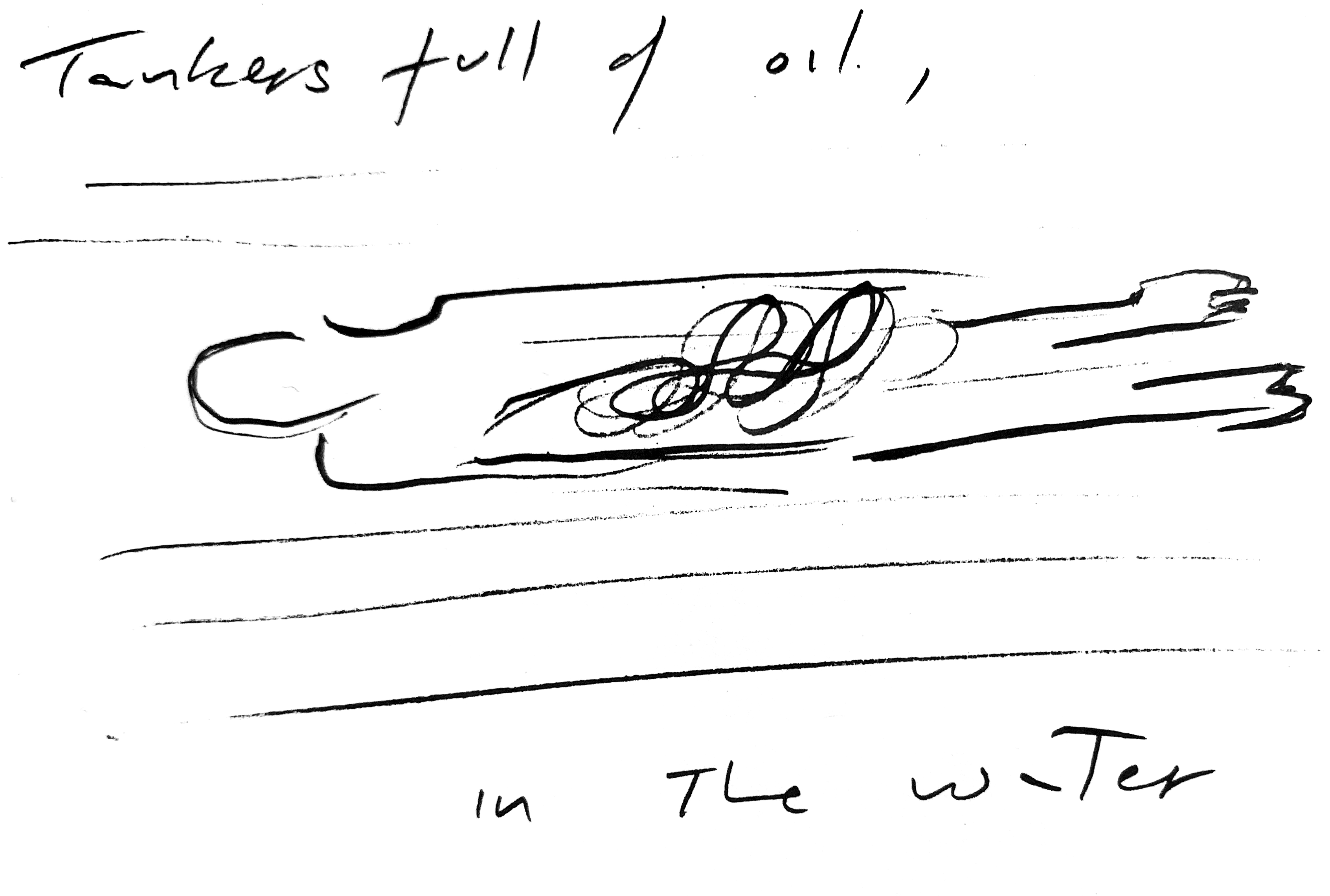 A person on the floor depicting 'tankers full of oil, in the water' -- drawing by Simone Forti